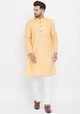 Yellow Solid Cotton Kurta For Men