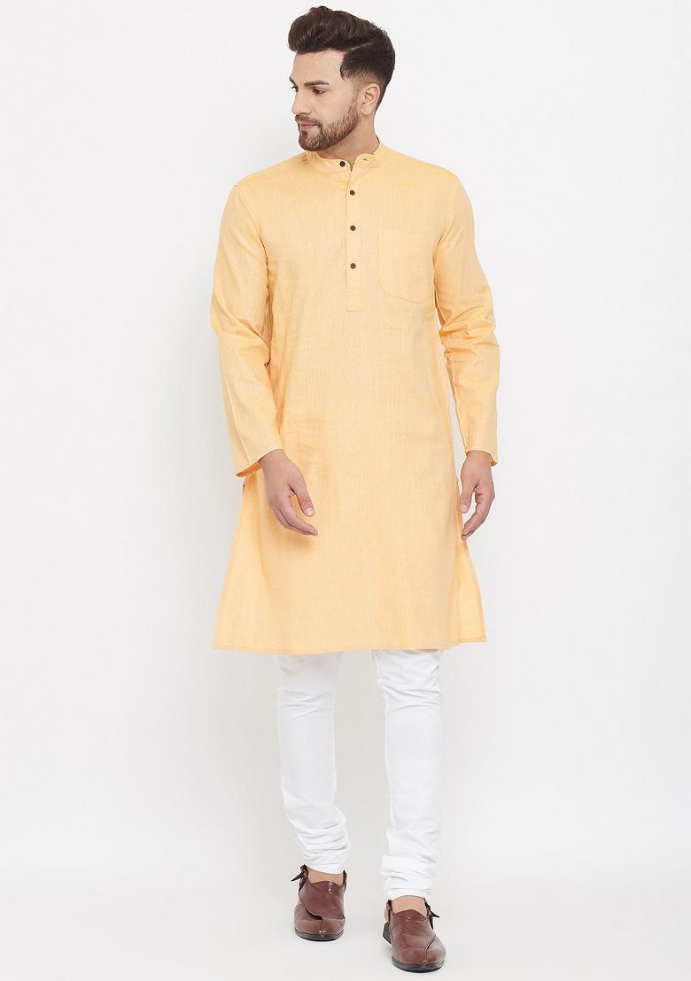 Yellow Solid Cotton Kurta For Men