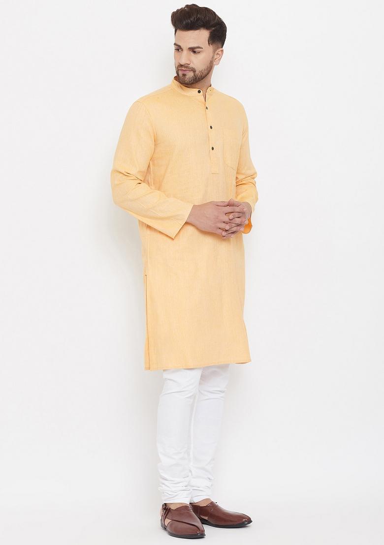 Yellow Solid Cotton Kurta For Men