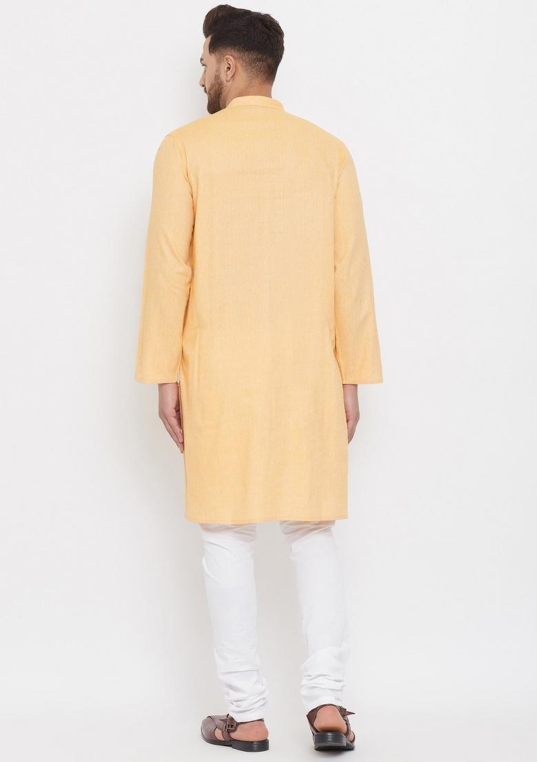 Yellow Solid Cotton Kurta For Men