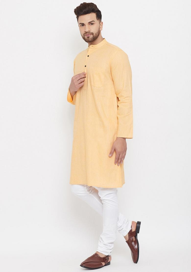 Yellow Solid Cotton Kurta For Men