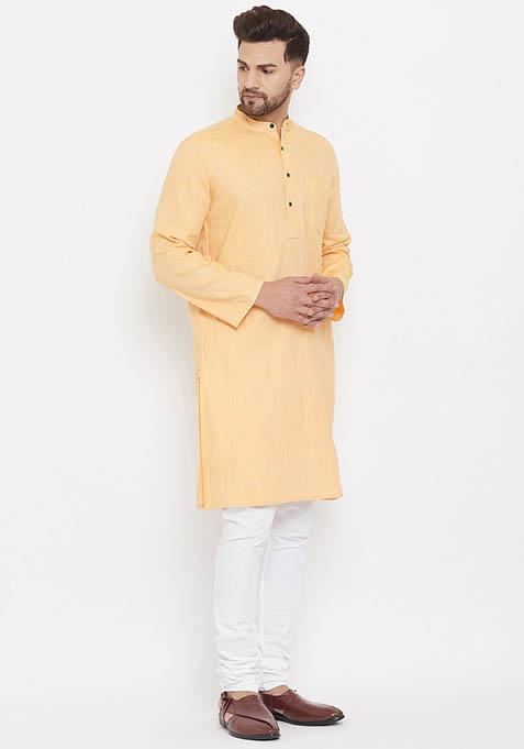 Yellow Solid Cotton Kurta For Men