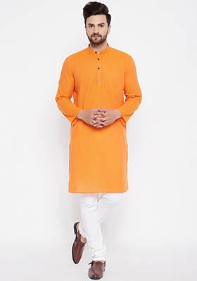 Orange Striped Cotton Kurta For Men