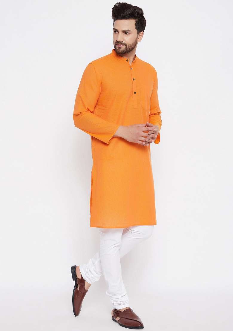 Orange Striped Cotton Kurta For Men - Indya