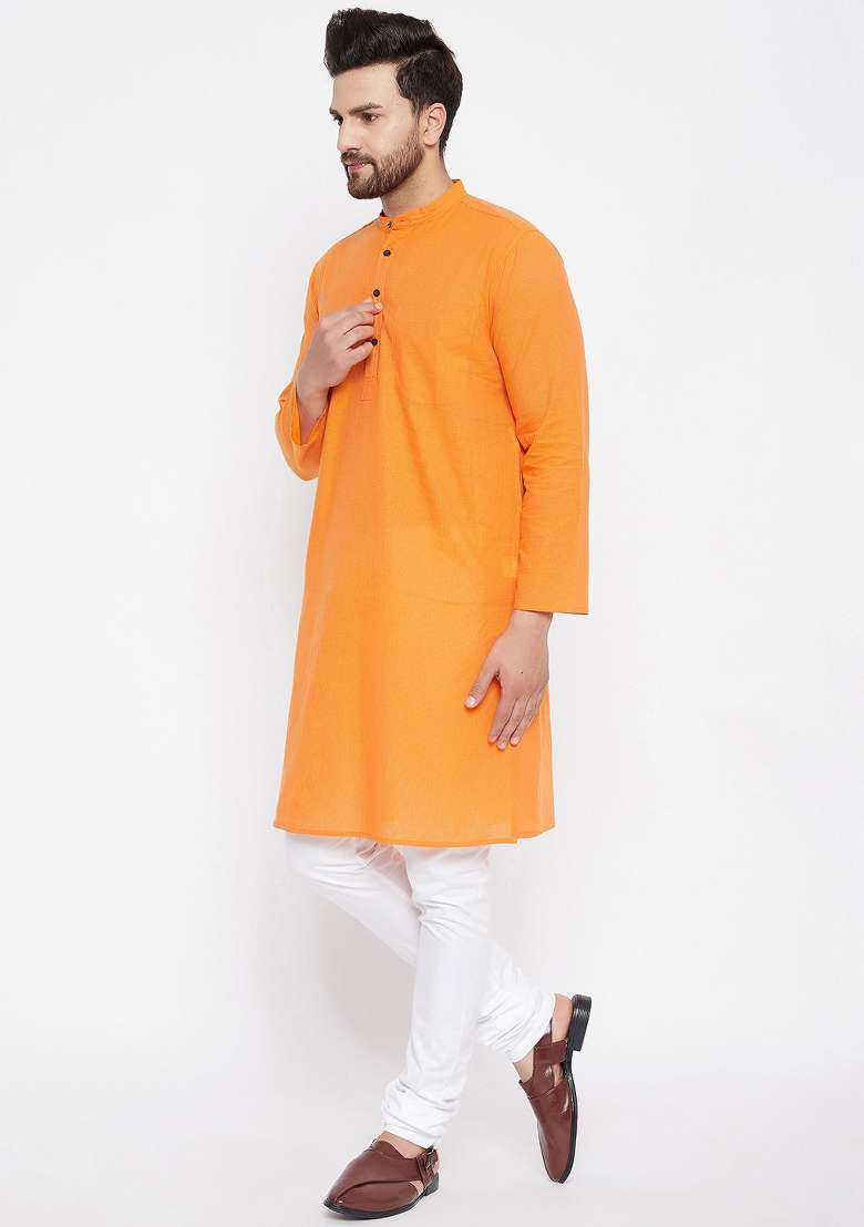Orange Striped Cotton Kurta For Men - Indya