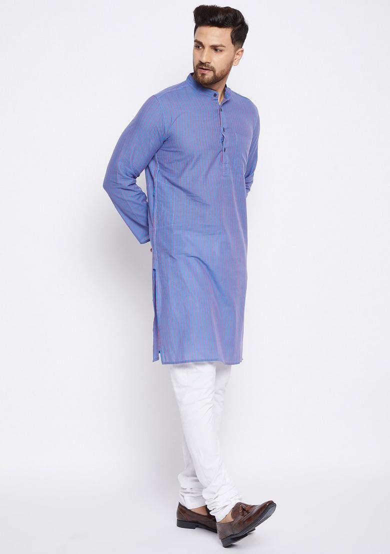 Blue Striped Cotton Kurta For Men - Indya
