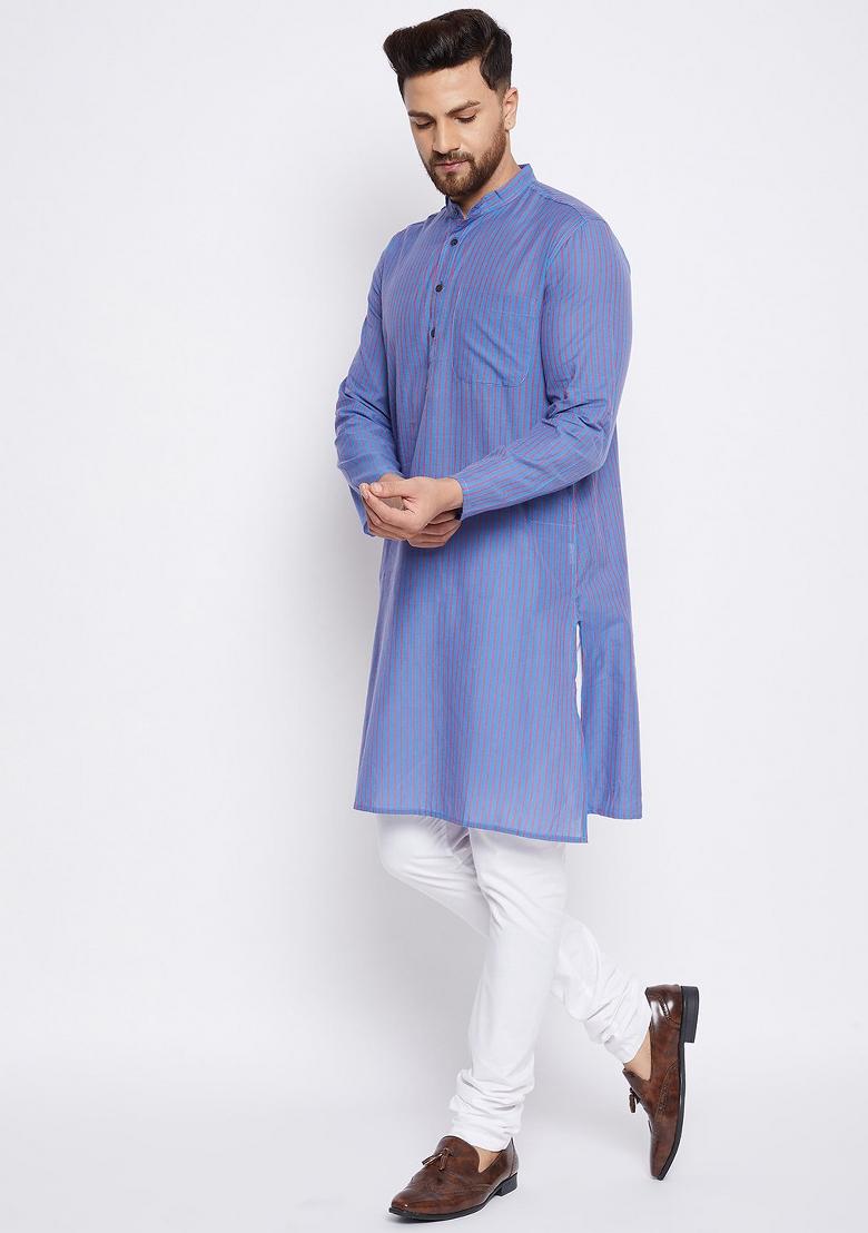 Blue Striped Cotton Kurta For Men - Indya