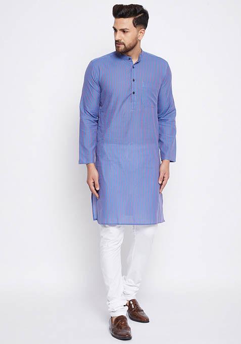 Blue Striped Cotton Kurta For Men