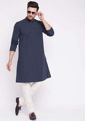 Navy Blue Checked Cotton Kurta For Men