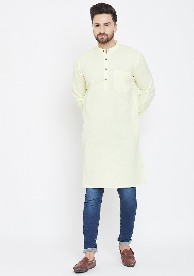Yellow Solid Cotton Kurta For Men