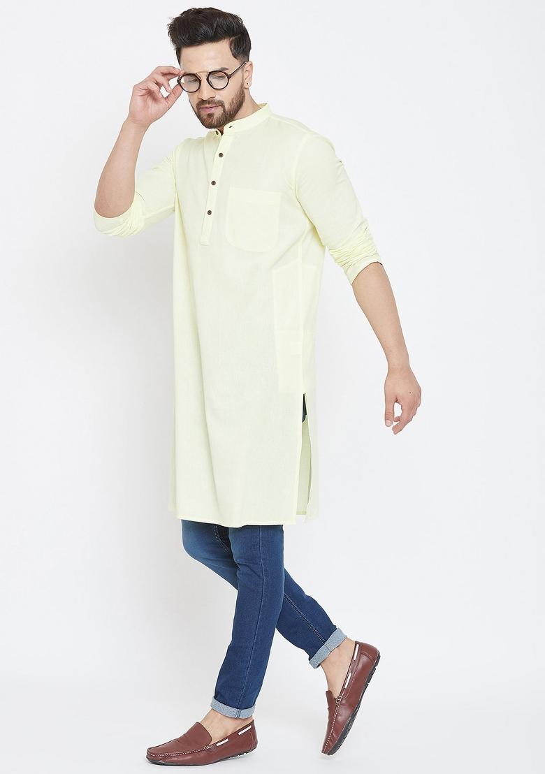 Yellow Solid Cotton Kurta For Men
