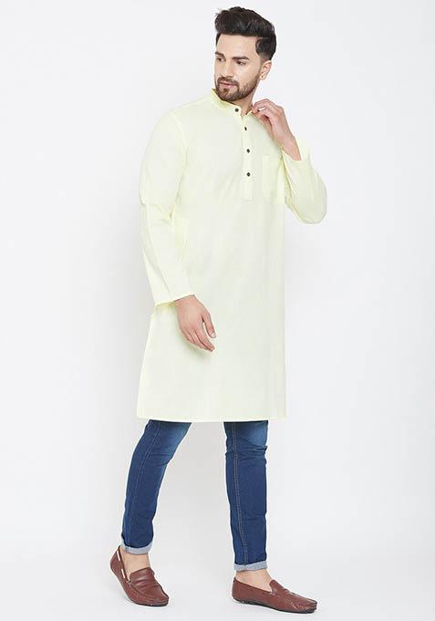 Yellow Solid Cotton Kurta For Men