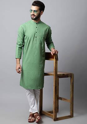 Green Hand Embroidered Cotton Kurta For Men