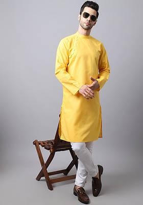 Yellow Solid Cotton Kurta For Men