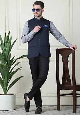 Blue Solid Merino Nehru Jackets For Men
