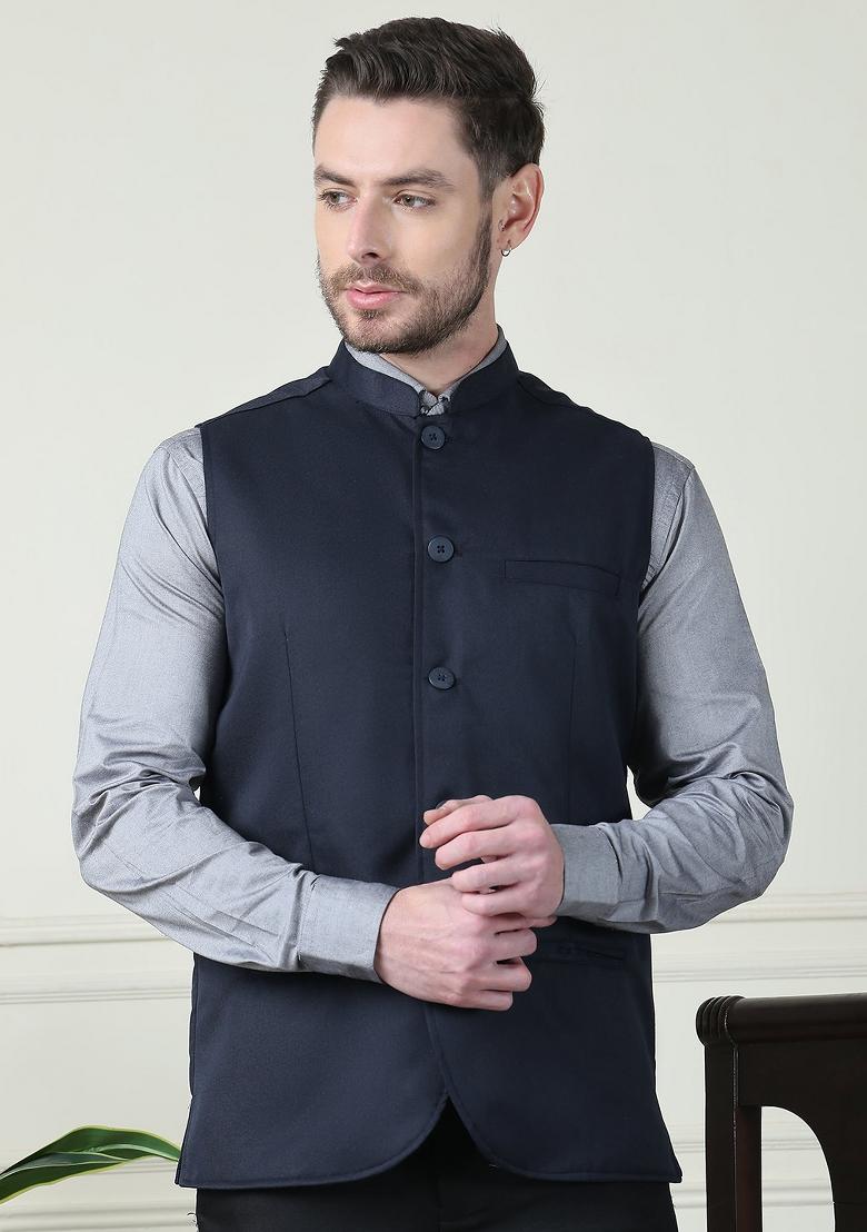 Blue Solid Merino Nehru Jackets For Men - Indya