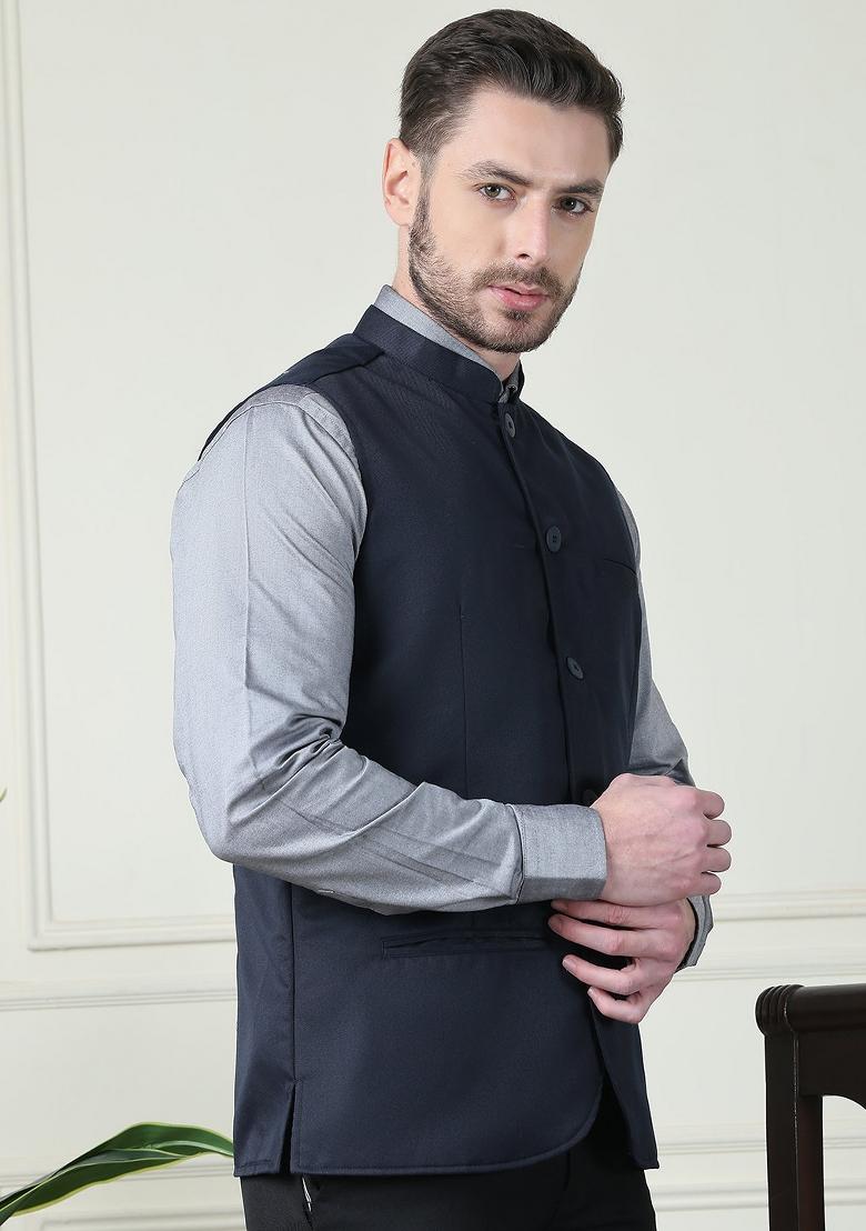 Blue Solid Merino Nehru Jackets For Men - Indya