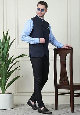 Blue Solid Merino Nehru Jackets For Men
