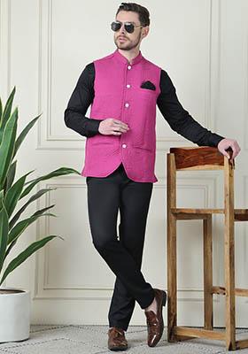 Fychsia Pink Hand Embroidered Cotton Nehru Jackets For Men