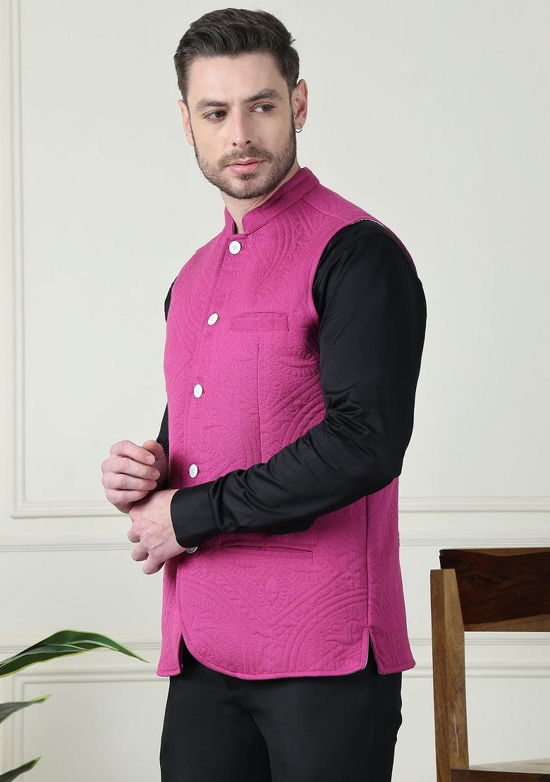 Fychsia Pink Hand Embroidered Cotton Nehru Jackets For Men - Indya