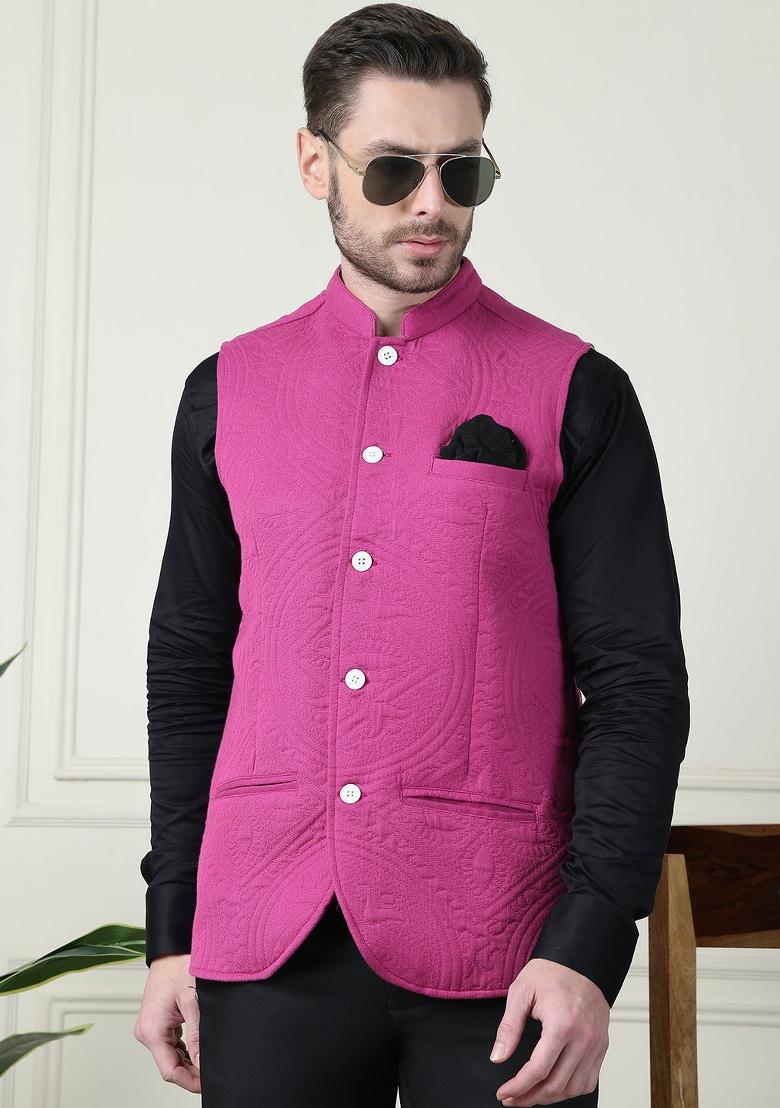 Fychsia Pink Hand Embroidered Cotton Nehru Jackets For Men - Indya