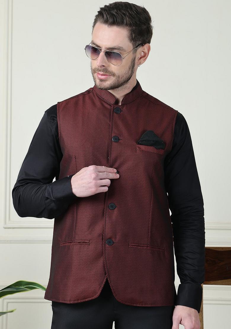Maroon Hand Embroidered Polyester Nehru Jackets For Men - Indya