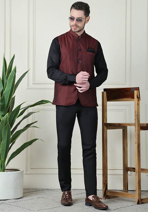 Maroon Hand Embroidered Polyester Nehru Jackets For Men