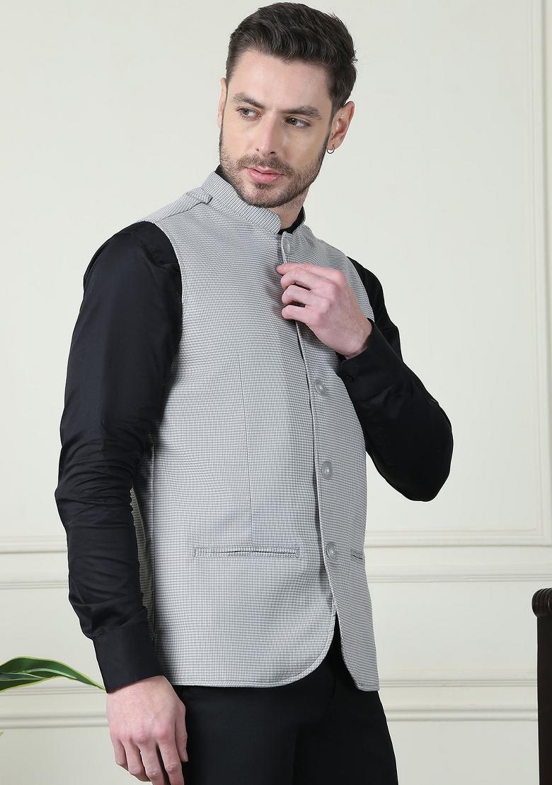 Grey Hand Embroidered Merino Nehru Jackets For Men - Indya