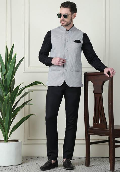 Grey Hand Embroidered Merino Nehru Jackets For Men