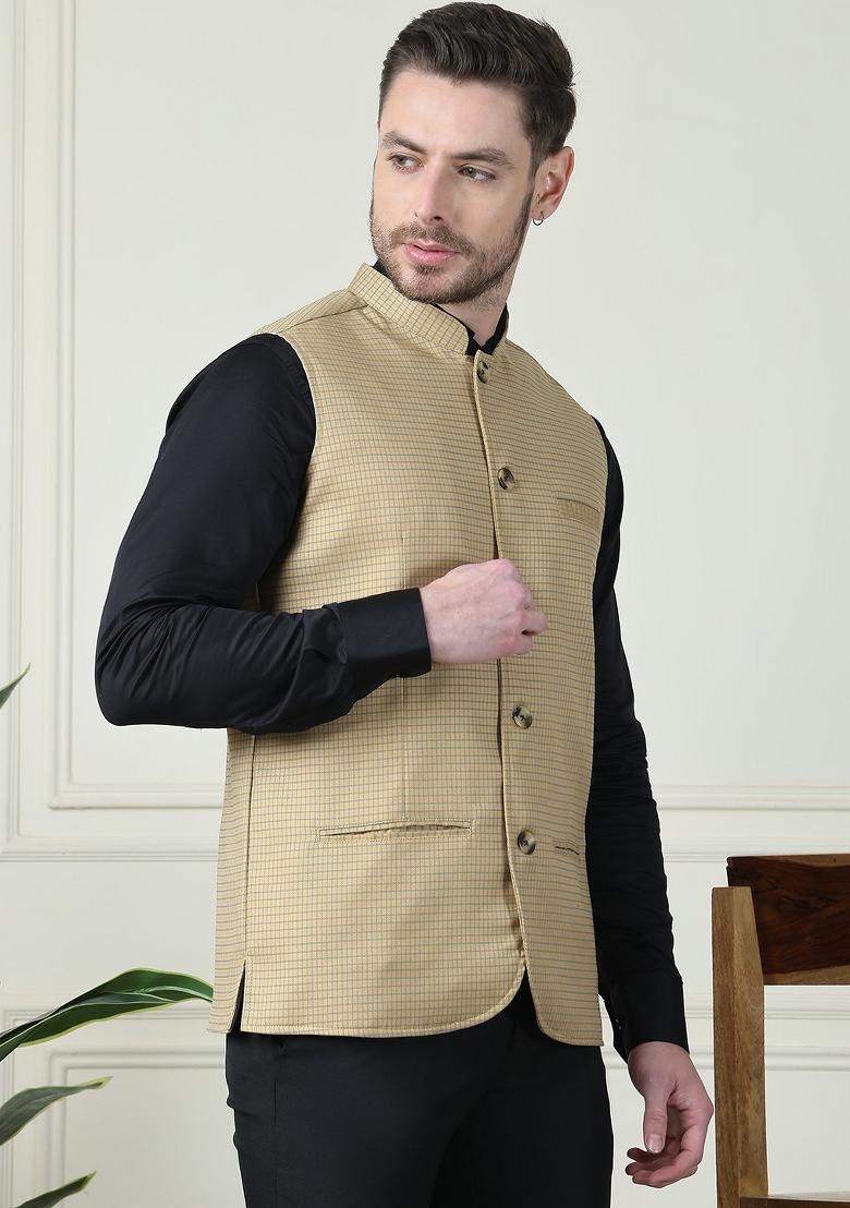Mustard Yellow Hand Embroidered Merino Nehru Jackets For Men - Indya