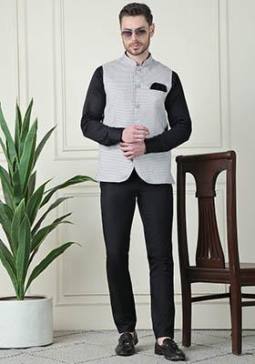 Grey Checked Merino Nehru Jackets For Men