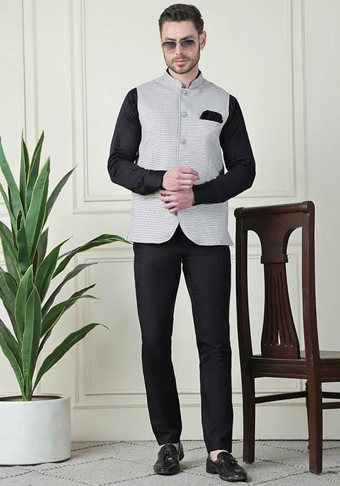 Grey Checked Merino Nehru Jackets For Men