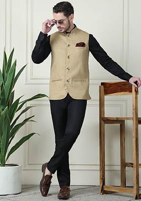 Mustard Yellow Checked Merino Nehru Jackets For Men