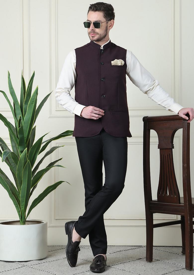 Maroon Checked Merino Nehru Jackets For Men