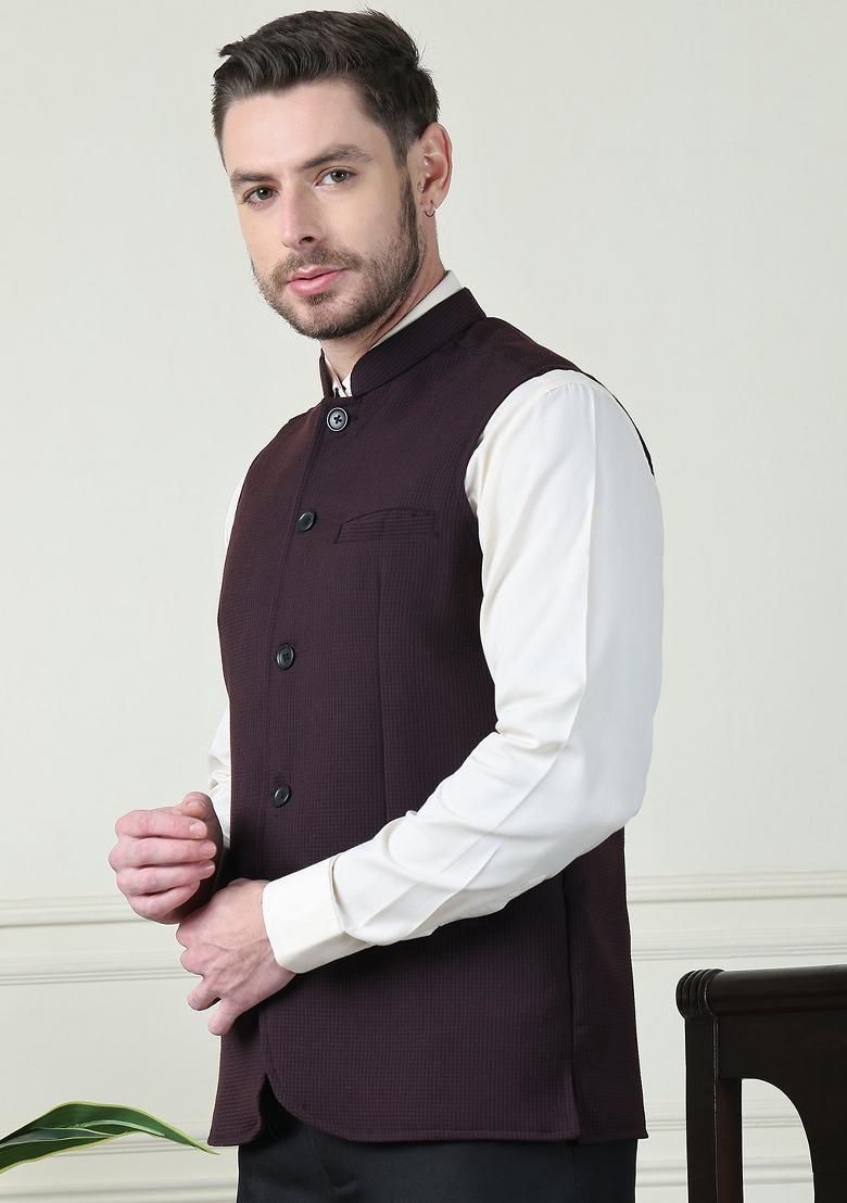 Maroon Checked Merino Nehru Jackets For Men