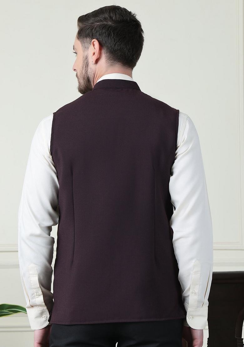 Maroon Checked Merino Nehru Jackets For Men