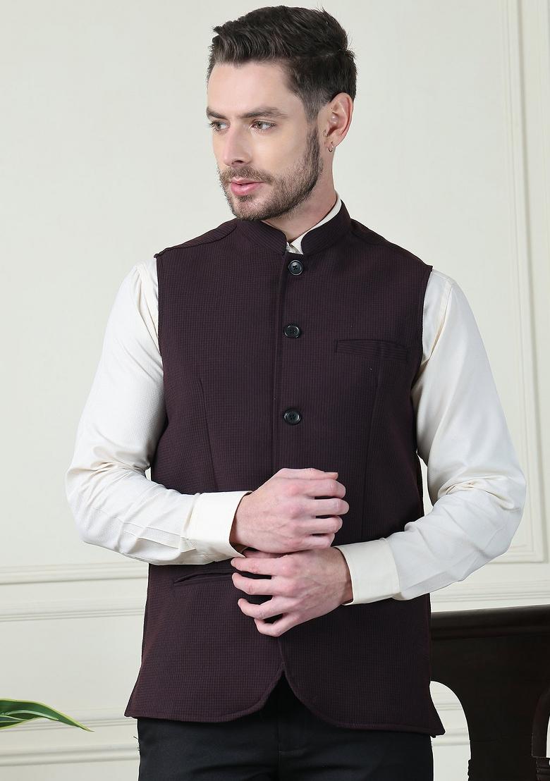 Maroon Checked Merino Nehru Jackets For Men
