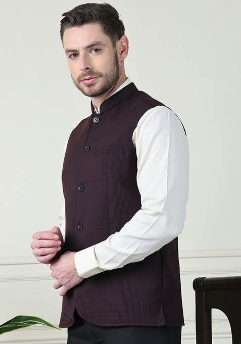 Maroon Checked Merino Nehru Jackets For Men