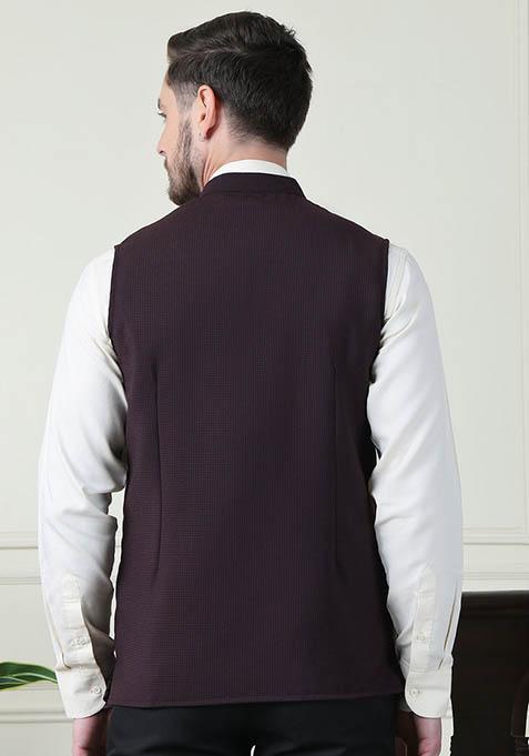 Maroon Checked Merino Nehru Jackets For Men