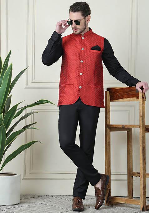 Red Hand Embroidered Art Silk Nehru Jackets For Men