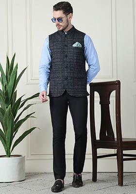Black Hand Embroidered Merino Nehru Jackets For Men
