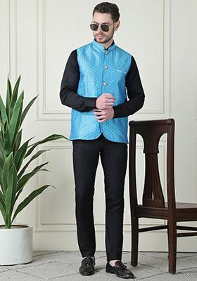 Blue Hand Embroidered Art Silk Nehru Jackets For Men