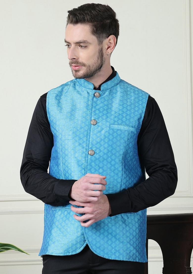 Blue Hand Embroidered Art Silk Nehru Jackets For Men - Indya
