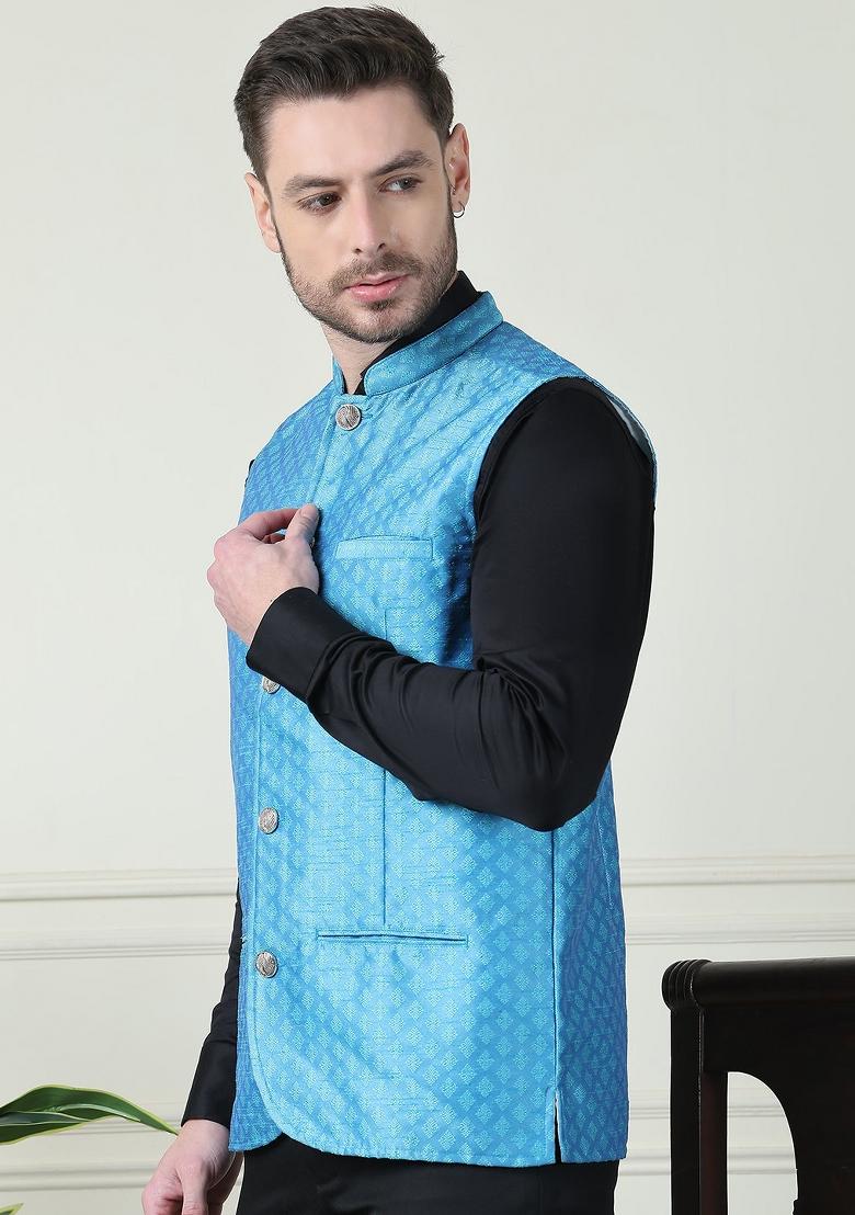 Blue Hand Embroidered Art Silk Nehru Jackets For Men - Indya