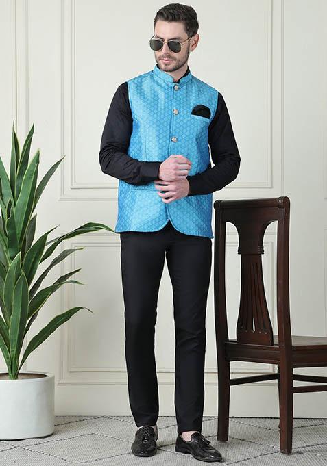 Blue Hand Embroidered Art Silk Nehru Jackets For Men