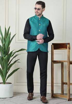 Green Hand Embroidered Art Silk Nehru Jackets For Men