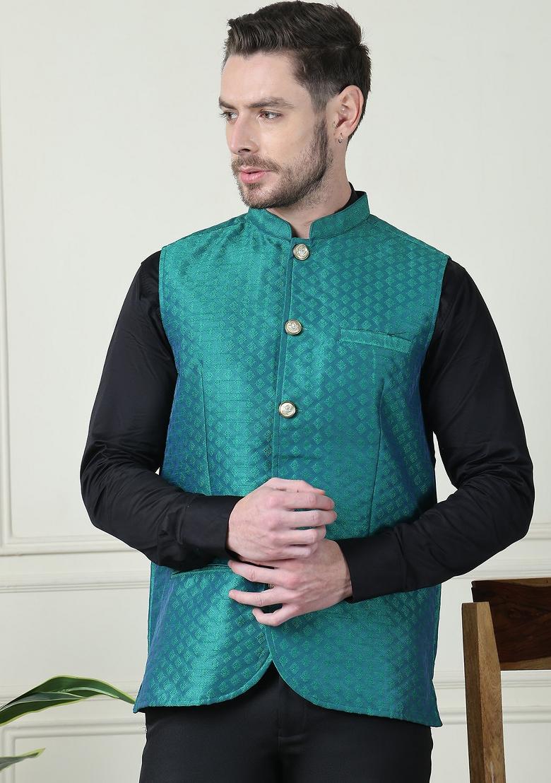 Green Hand Embroidered Art Silk Nehru Jackets For Men - Indya