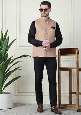 Beige Hand Embroidered Linen Nehru Jackets For Men