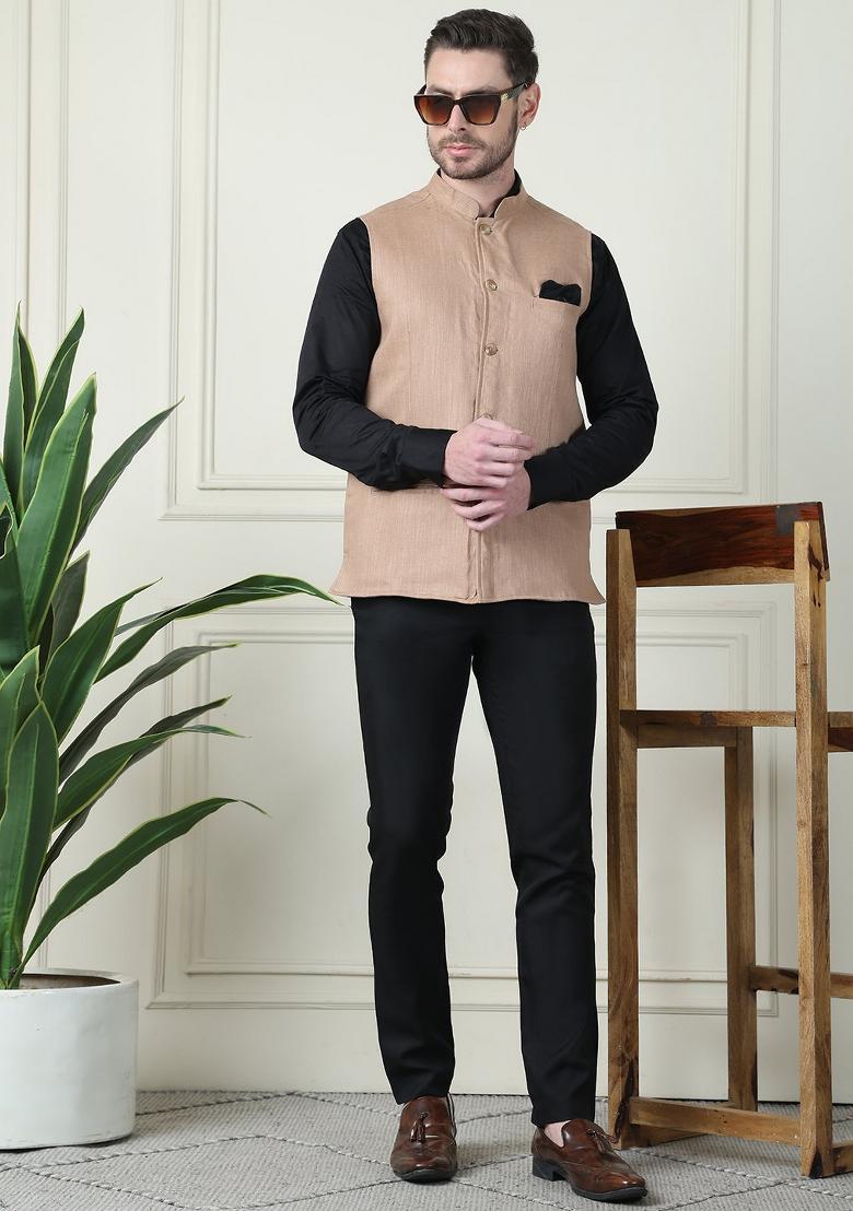 Beige Hand Embroidered Linen Nehru Jackets For Men