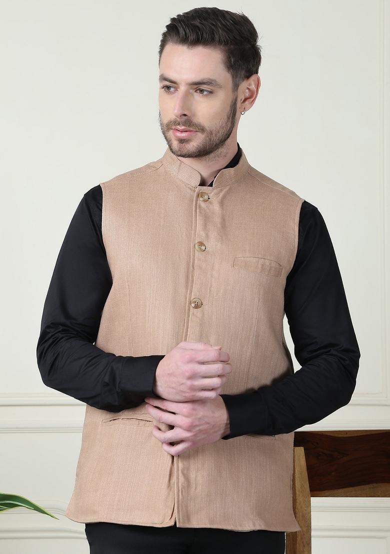 Beige Hand Embroidered Linen Nehru Jackets For Men